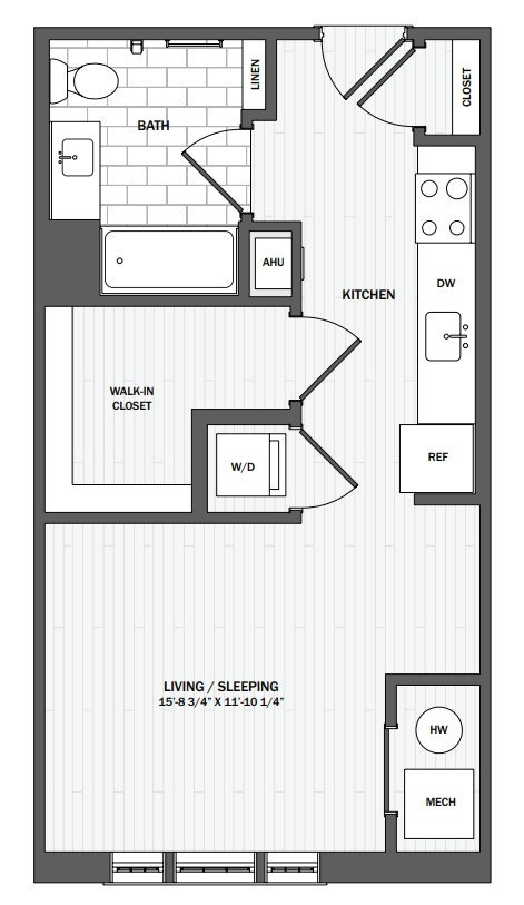 A floor plan of a small apartment with a living room, kitchen, bathroom, and bedroom.